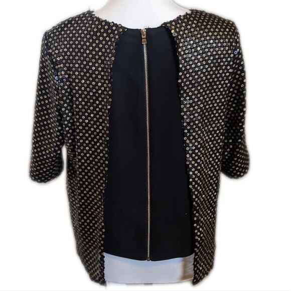 FRNCH black short sleeve blouse, back zip, heavily sequined (gold), M - Picture 2 of 8
